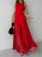 Party Dress Maxi Orange Jewel Neck Pleated Sleeveless Elegant Semi Formal Dress