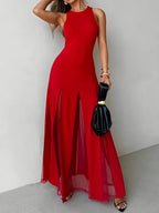 Party Dress Maxi Orange Jewel Neck Pleated Sleeveless Elegant Semi Formal Dress