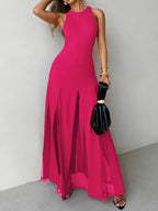 Party Dress Maxi Orange Jewel Neck Pleated Sleeveless Elegant Semi Formal Dress