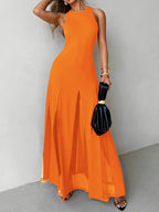 Party Dress Maxi Orange Jewel Neck Pleated Sleeveless Elegant Semi Formal Dress