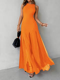 Party Dress Maxi Orange Jewel Neck Pleated Sleeveless Elegant Semi Formal Dress