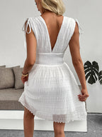 Vacation Dresses Mini Backless Lace Up Pleated Sleeveless V-Neck Casual White Dress