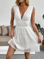 Vacation Dresses Mini Backless Lace Up Pleated Sleeveless V-Neck Casual White Dress