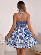 Vacation Dresses Mini Backless Cut Out Lace Up Sleeveless Floral Print Strapless Chic Blue Dress