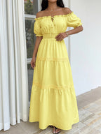 Vacation Dresses Maxi Backless Ruffles Lace Up Short Sleeves Off-The-Shoulder Puff Sleeves Sexy Dress
