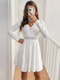 Daily Dresses Mini Woman's Dress Long Sleeves V-Neck Raised Waist Casual Lace White Dress