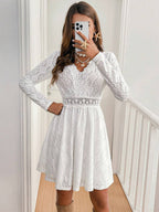 Daily Dresses Mini Woman's Dress Long Sleeves V-Neck Raised Waist Casual Lace White Dress
