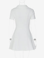 Date Night Dresses Mini Pleated Short Sleeves V-Neck Casual Ecru White Dress