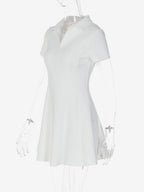 Date Night Dresses Mini Pleated Short Sleeves V-Neck Casual Ecru White Dress