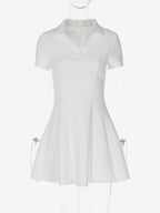 Date Night Dresses Mini Pleated Short Sleeves V-Neck Casual Ecru White Dress