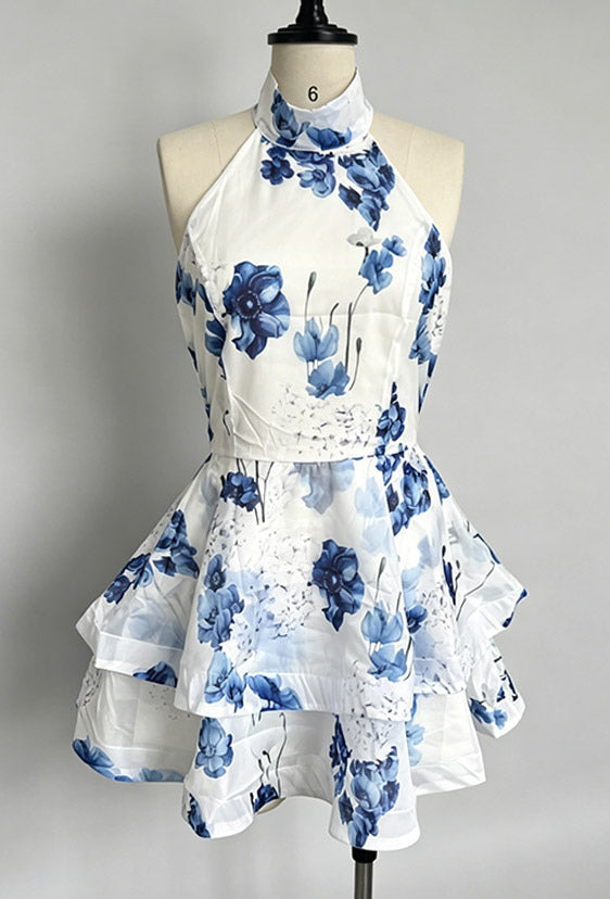 Vacation Dresses Mini Backless Flowers Ruffles Sleeveless Floral Print Halter Elegant Pink Dress