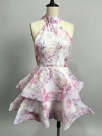 Vacation Dresses Mini Backless Flowers Ruffles Sleeveless Floral Print Halter Elegant Pink Dress