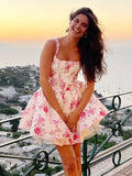 Date Night Dresses Mini Backless Pleated Sleeveless Floral Print Square Neck Sexy Dress