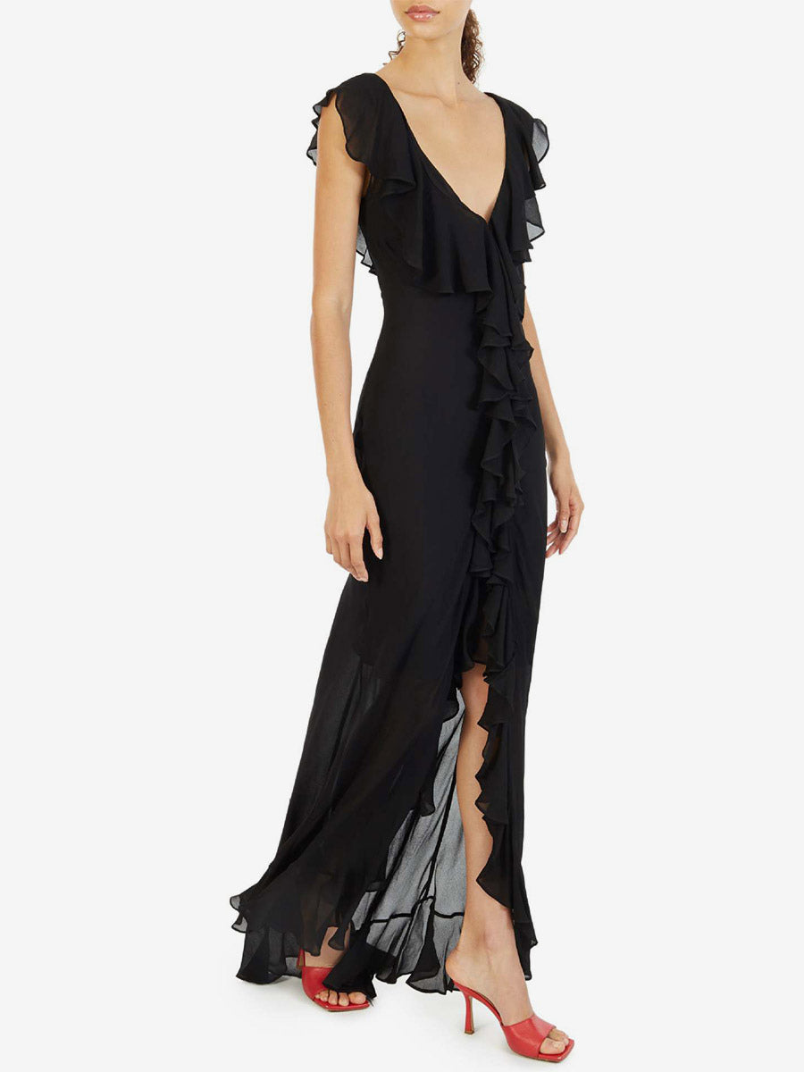 Vacation Dresses Maxi Backless Ruffles Pleated Short Sleeves Floral Print V-Neck Petal Sleeves Chic Orange Dress