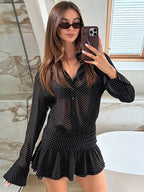 Date Night Dresses Mini Pleated Long Sleeves V-Neck Casual Black Dress