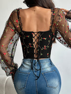 Corset Tops Black Chic Illusion Sleeves Long Sleeves Straps Neck Slim Fit Sheer Lace-up Tops