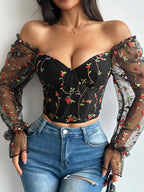 Corset Tops Black Chic Illusion Sleeves Long Sleeves Straps Neck Slim Fit Sheer Lace-up Tops