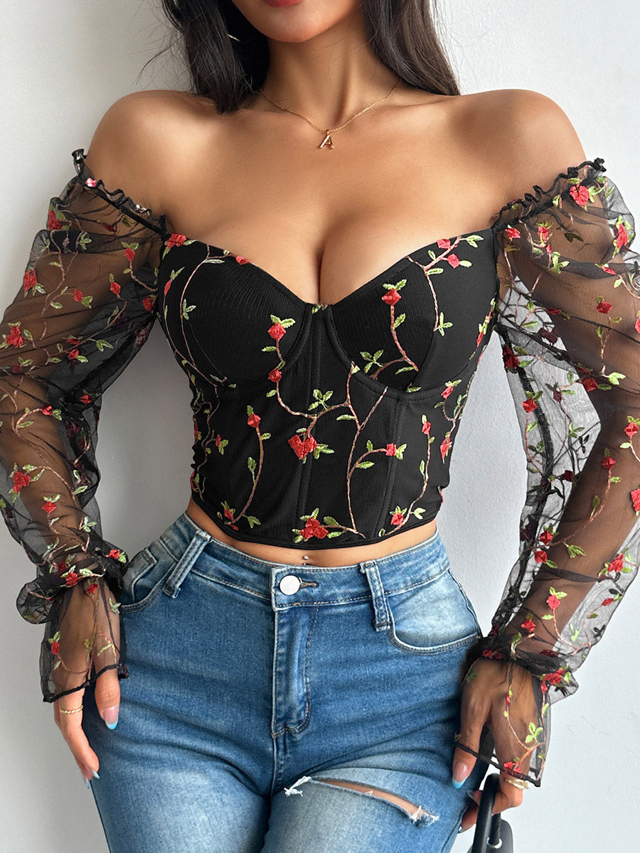 Corset Tops Black Chic Illusion Sleeves Long Sleeves Straps Neck Slim Fit Sheer Lace-up Tops