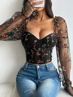 Corset Tops Black Chic Illusion Sleeves Long Sleeves Straps Neck Slim Fit Sheer Lace-up Tops