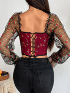 Corset Tops Black Chic Illusion Sleeves Long Sleeves Straps Neck Slim Fit Sheer Lace-up Tops
