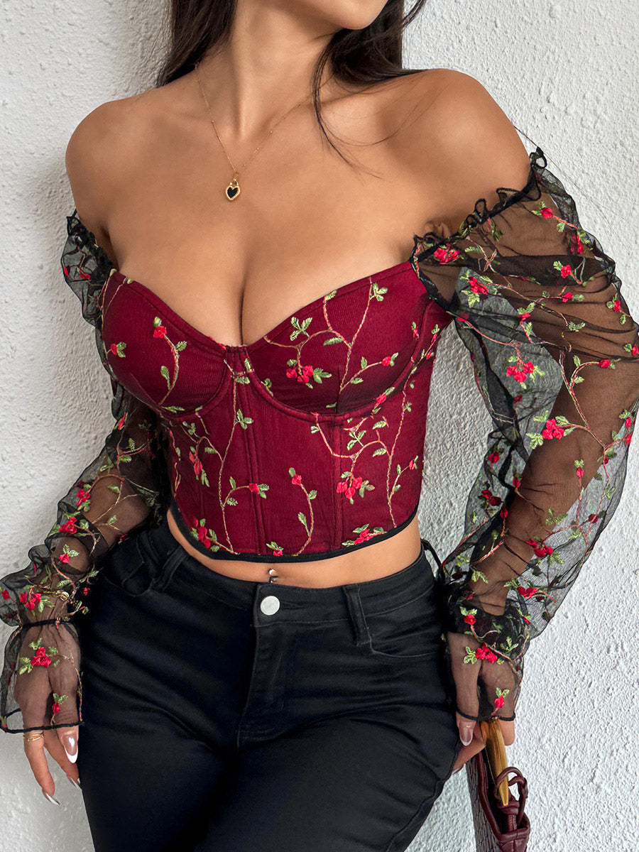 Corset Tops Black Chic Illusion Sleeves Long Sleeves Straps Neck Slim Fit Sheer Lace-up Tops