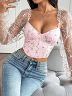 Corset Tops Black Chic Illusion Sleeves Long Sleeves Straps Neck Slim Fit Sheer Lace-up Tops