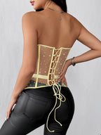 Corset Tops White Chic Sleeveless Strapless Sheer Slim Fit Lace-up Tops