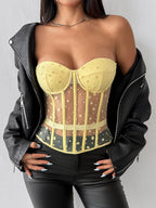 Corset Tops White Chic Sleeveless Strapless Sheer Slim Fit Lace-up Tops