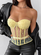 Corset Tops White Chic Sleeveless Strapless Sheer Slim Fit Lace-up Tops