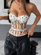 Corset Tops White Chic Sleeveless Strapless Sheer Slim Fit Lace-up Tops