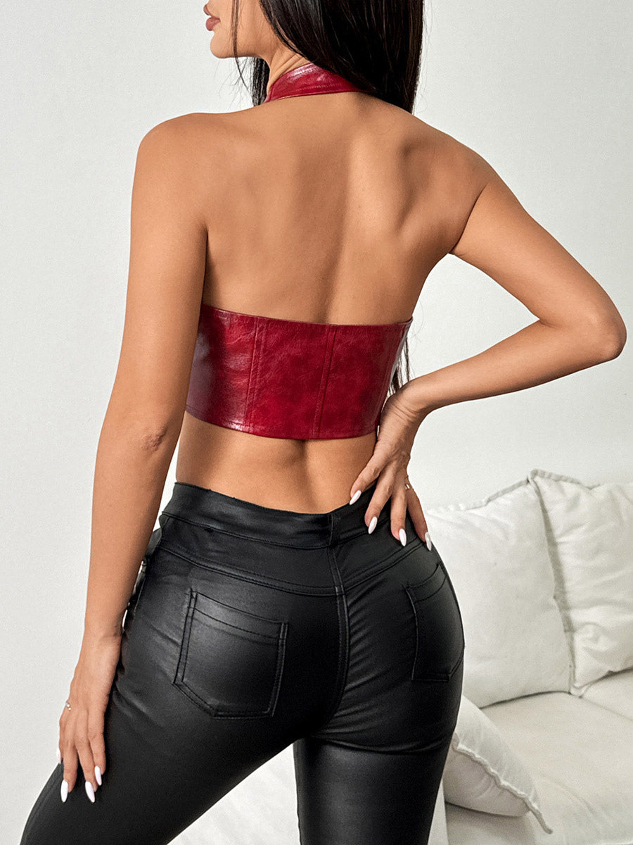 Corset Tops Deep Brown Chic Sleeveless Straps Neck Slim Fit Backless PU Lace Up Tops