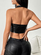 Corset Tops Deep Brown Chic Sleeveless Straps Neck Slim Fit Backless PU Lace Up Tops