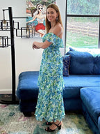 Vacation Dresses Maxi Backless Ruffles Pleated Floral Print Off-The-Shoulder Cold Shoulder Sleeve Casual Dress