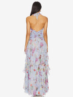 Vacation Dresses Maxi Backless Lace Up Pleated Sleeveless Floral Print V-Neck Sweet Light Gray Dress