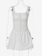 Party Dresses Mini White Straps Neck Lace Up Sleeveless Pleated Casual Semi Formal Dress