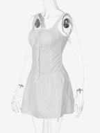 Party Dresses Mini White Straps Neck Lace Up Sleeveless Pleated Casual Semi Formal Dress