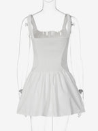 Party Dresses Mini White Straps Neck Lace Up Sleeveless Pleated Casual Semi Formal Dress