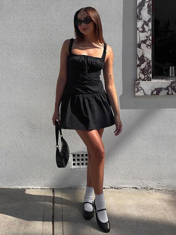 Party Dresses Mini White Straps Neck Lace Up Sleeveless Pleated Casual Semi Formal Dress