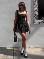 Party Dresses Mini White Straps Neck Lace Up Sleeveless Pleated Casual Semi Formal Dress