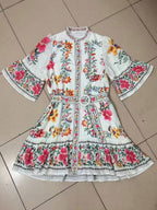 Daily Dresses Woman's Mini Sash Half Sleeves Stand Collar Natural Waist Floral Print Dress