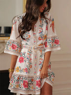 Daily Dresses Woman's Mini Sash Half Sleeves Stand Collar Natural Waist Floral Print Dress