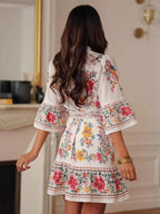 Daily Dresses Woman's Mini Sash Half Sleeves Stand Collar Natural Waist Floral Print Dress