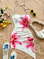 Night Out Dresses White Floral Print Sleeveless Straps Neck Backless Summer Dress
