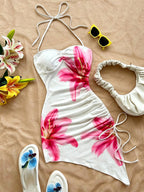 Night Out Dresses White Floral Print Sleeveless Straps Neck Backless Summer Dress