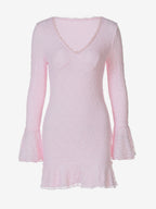 Party Dress Mini Pink V-Neck Lace Long Sleeves Pleated Sweet Semi Formal Dress