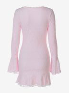 Party Dress Mini Pink V-Neck Lace Long Sleeves Pleated Sweet Semi Formal Dress