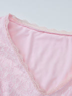 Party Dress Mini Pink V-Neck Lace Long Sleeves Pleated Sweet Semi Formal Dress