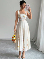 Date Night Dresses Maxi Backless Flowers Pleated Sleeveless Floral Print Square Neck Sweet Dress