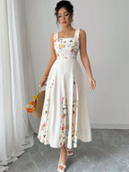 Date Night Dresses Maxi Backless Flowers Pleated Sleeveless Floral Print Square Neck Sweet Dress