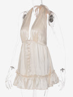Date Night Dresses Mini Pleated Lace Up Sleeveless Halter Sweet Champagne Dress